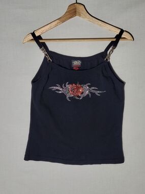 Moto Y2K Black Tank Top Womens L/XL Red Rhinestone Rose Chain Straps 90s Biker